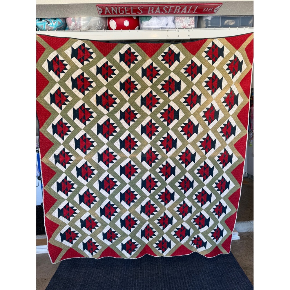 Vintage Hand Stitched Quilt Red Navy Green Bear Paw Pattern 77x70 Farmhouse